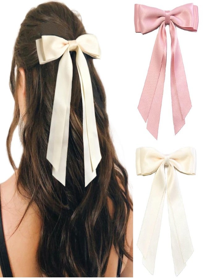 Tobeffect Hair Bows for Women Valentine's Day Bow Clips Cute Ribbons Girls Ribbon Bows BowKnot Barrettes Tassel Bow Clips Fashion Valentine Hair Accessories for Women, Pink & Beige - Image 1